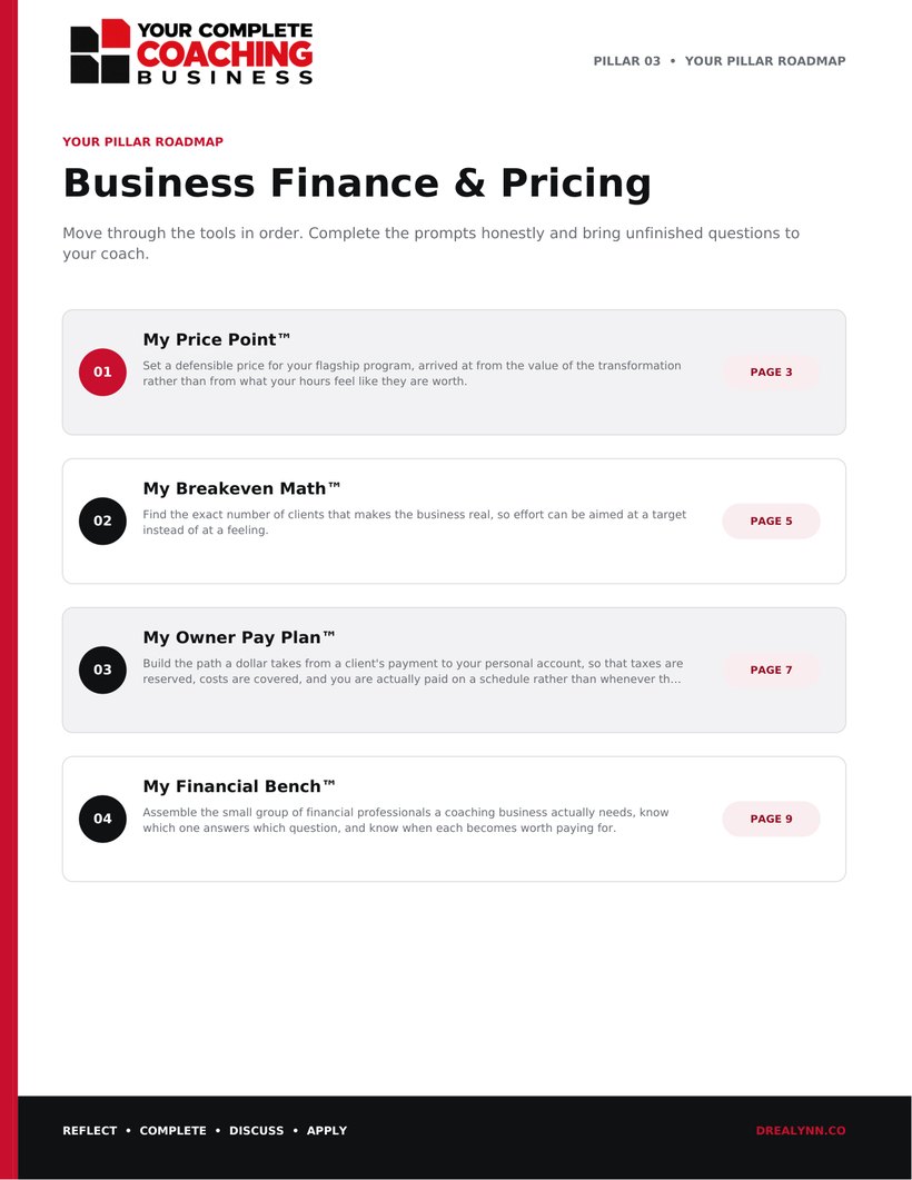 A pillar roadmap page from the Business Finance and Pricing workbook